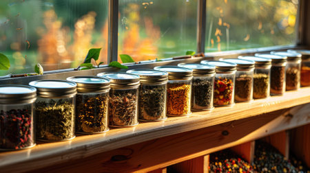 Jars filled with various herbs and spices on windowsill Sunlight illuminates jars, casting shadowsの素材