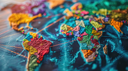 Detailed, colorful map of world using string art designsの素材