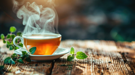 Steaming cup of herbal tea on wooden table with mint leavesの素材