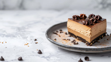 Creamy chocolate mousse cake topped with decorationsの素材