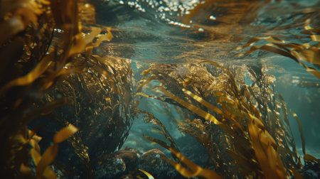 Underwater scene with flowing kelp and sunlight filtering throughの素材
