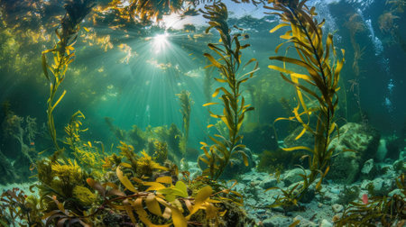 Underwater scene with sunlight filtering through lush kelp forestの素材