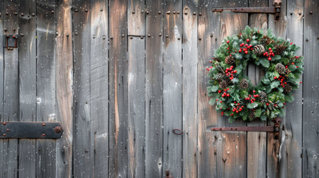 Holiday wreath with berries and pinecones on rustic wooden doorの素材