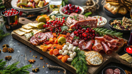 Festive charcuterie board with assorted meats, cheeses, and fruitsの素材