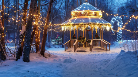 Snowy gazebo lit with holiday lights in winter forestの素材