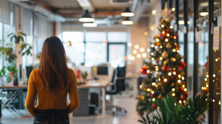 Woman in office decorated for holiday season with lights and Christmas treeの素材