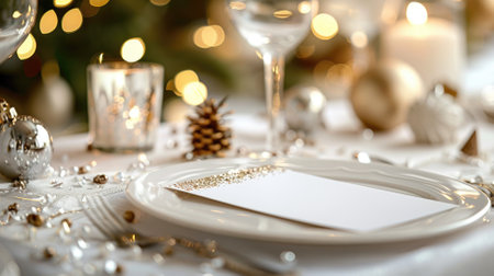 Elegant holiday table setting with decorations and festive lightsの素材