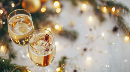 Festive holiday drinks with twinkling fairy lights and pine branchesの素材