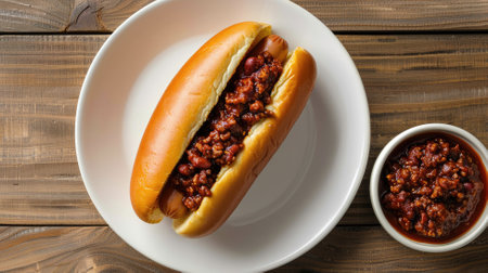 Hot dog with chili topping on plate, wooden tableの素材
