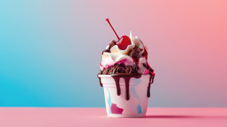 Delicious ice cream sundae with chocolate syrup, sprinkles, and cherryの素材