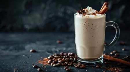 Creamy coffee drink topped with whipped cream and cinnamon sticksの素材