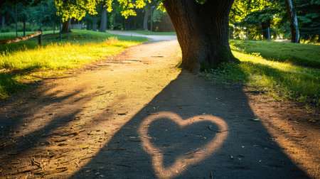 Heart-shaped sunlight on forest path at sunset, surrounded by trees and greeneryの素材