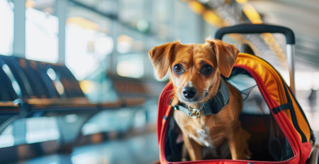 Small brown dog in pet carrier at airport terminalの素材