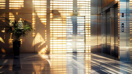 Modern elevator lobby with sunlight casting shadows on walls creating serene atmosphereの素材