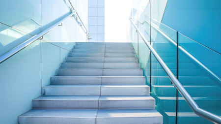 Modern glass stairway with blue tones and handrails on both sidesの素材