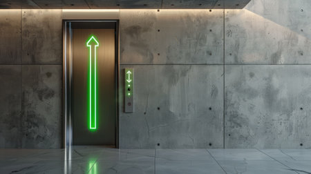 Modern elevator with large green arrow pointing upの素材