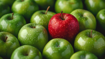 Cluster of green apples with one red apple in centerの素材