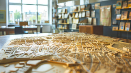 Detailed wooden model of city layout in well-lit library with numerous bookshelvesの素材