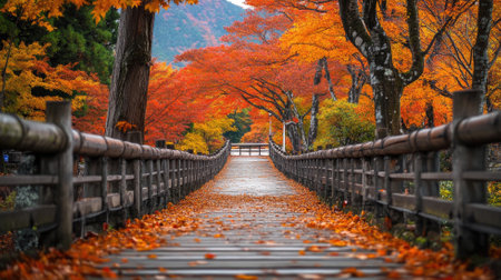 Wooden bridge surrounded by vibrant autumn foliageの素材