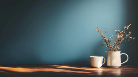 Minimalist scene with white cups, dried branches on wooden table against blue wallの素材