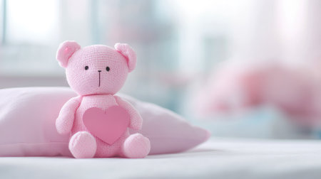 Pink knitted bear on bed with heart decorの素材