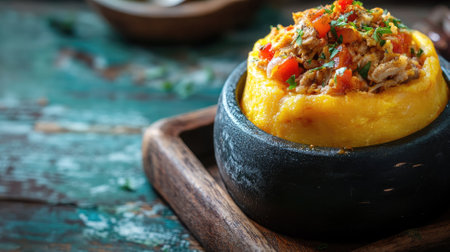Savory dish with seasoned meat and vegetables in cornmeal bowlの素材