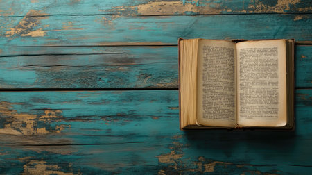 Open book with yellowed pages lies on weathered blue wooden tableの素材