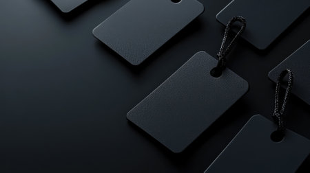 Black blank paper tags with strings on dark surfaceの素材