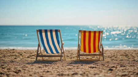 Two empty colorful deck chairs on sunny beach by seaの素材