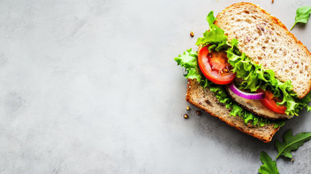 Fresh, healthy sandwich with lettuce, tomato, and onion on whole grain breadの素材