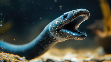 Aquatic eel-like creature with sharp teeth in underwater habitatの素材