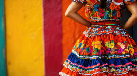 Woman in colorful traditional dress stands against vibrant backgroundの素材