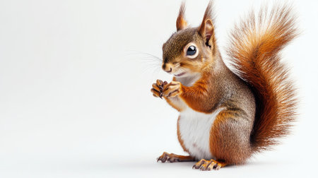 Red squirrel standing on hind legs, isolated backgroundの素材