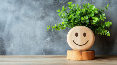 Wooden pot with green plant and smiling face, placed on wooden surface against textured grey backgroundの素材