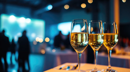 Three champagne glasses in luxurious, dimly lit party settingの素材