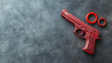 Red toy gun and plastic rings on textured backgroundの素材