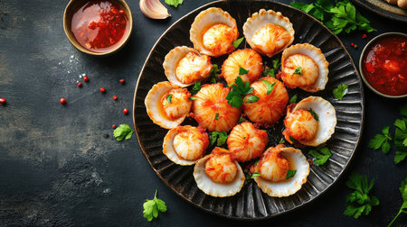 Pan-seared scallops garnished with herbs, served dipping sauceの素材