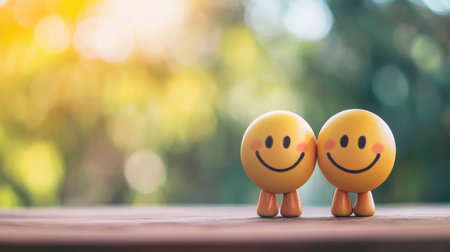 Two smiling face figures on wooden surface against blurred nature backgroundの素材
