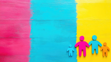 Four paper cut-outs of people on colorful wooden backgroundの素材