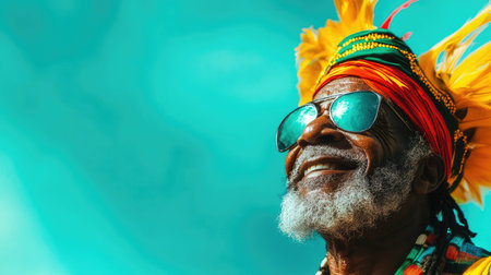 Elderly man with colorful headdress, sunglasses, smiling under blue skyの素材