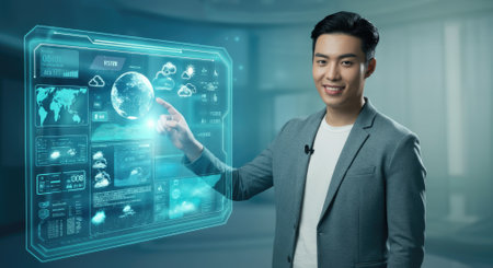 Asian male in smart casual pointing at interactive digital interfaceの素材