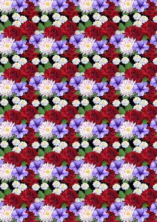 Motley seamless background with roses dahlias astersの写真素材