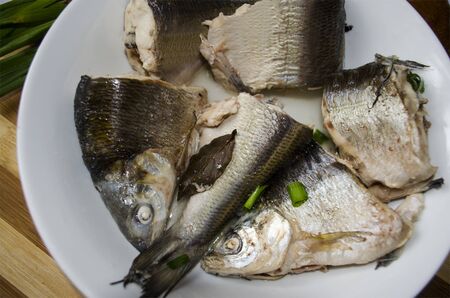 Boiled chunks of whitefish and dusted?green?onions?on the plateの写真素材