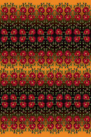 Seamless floral pattern with red roses and buds on wavy black orange background