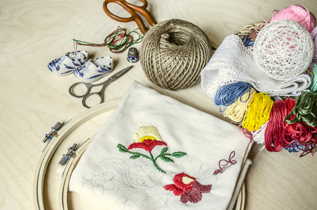 Colored thread, needles, scissors and frame necessary tools for decorative embroideryの素材 [FY31085239976]