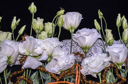 White flowers of Lisianthus with red coral and amber beads on a white openwork embroidered edging,lie the black plywoodの写真素材