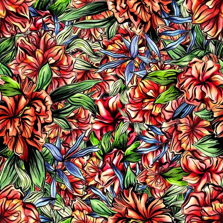 Botanical pattern of large orange roses. Beautiful seamless pattern of flowers.の写真素材