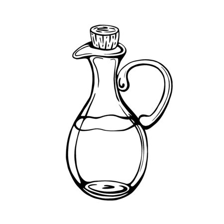 Hand-drawn set of olive oil bottle isolated on a white background. Extra virgin olive oil. Vintage style. Vector illustration in Doodle styleのイラスト素材
