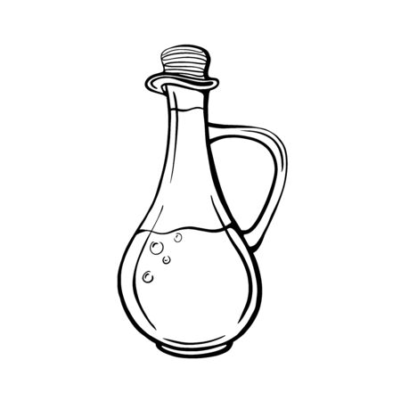 Hand-drawn set of olive oil bottle isolated on a white background. Extra virgin olive oil. Vintage style. Vector illustration in Doodle styleのイラスト素材