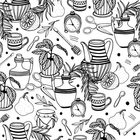 Seamless pattern with fruit, mug, jug, honey, alarm clock, scissors, spoon, home plant, wooden stick.のイラスト素材